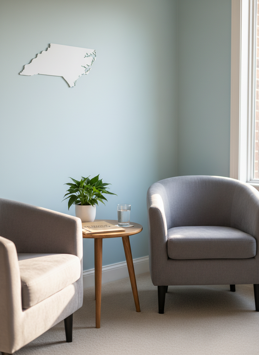 A serene consultation room without any people, featuring a pair of empty, comfortable armchairs upholstered in soft gray fabric facing each other, with a small round wooden table between them. On the table sits a closed folder labeled “NC Mental Health Resources” in clean, sans-serif text, alongside a glass of water and a small potted plant with rich green leaves. The room’s walls are painted a soothing light blue, with a minimalist framed map outline of North Carolina on one side. Warm, diffused afternoon light spills in from a large window, creating subtle highlights on the fabric and tabletop. Photographic realism, eye-level composition with a gentle depth of field, evoking a calm, welcoming, and professional atmosphere of support and readiness to help.