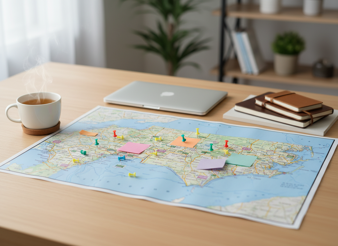 A clean, modern workspace featuring a neatly arranged wooden desk with a soft-grain texture, holding an open, high-resolution map of North Carolina printed on matte paper. Colored pins and sticky notes mark various mental health resource locations, surrounded by an organized array of notebooks, a closed laptop, and a ceramic mug of herbal tea. Soft, diffused daylight enters from an unseen window on the left, casting gentle, natural shadows and a calm, even glow. Photographic realism, shot at eye level with a slight angle, using shallow depth of field so the map details remain crisp while the background softly blurs. The atmosphere feels professional, reassuring, and quietly hopeful, conveying clarity and organization of statewide mental health support.